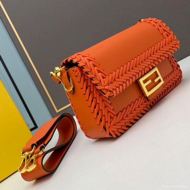Cheap In Medium Leather Orange Bag Stitching Baguette Fendi 0724